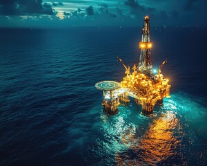 Obraz premium Night view of an illuminated offshore oil rig surrounded by ocean waves