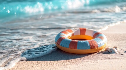 Obraz premium Colorful swim ring on sunlit beach with seashells and approaching turquoise wave