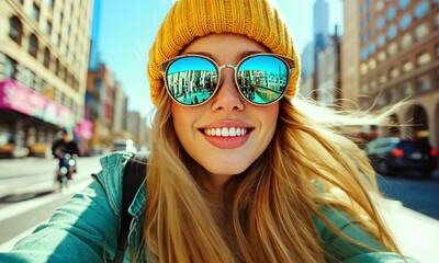 A young woman with a beaming smile enjoys a sunny day in the city, wearing a vibrant yellow hat and stylish sunglasses