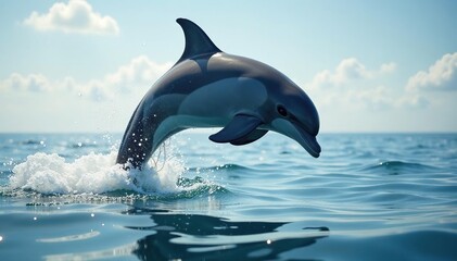 Powerful dolphin jumps bright sky serene water,  bright,  sky
