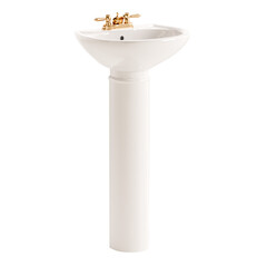 A white porcelain sink with a gold faucet