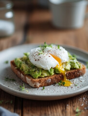 Avocado toast with poached egg and microgreens on rustic plate, healthy breakfast concept with runny yolk and artisan bread, overhead close-up