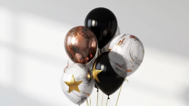 Minimalist marbled and black balloon bouquet, white wall, gentle sway, shimmering light, elegant motion