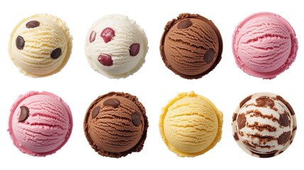 Top View of a Set of Different Ice Cream Scoops in Various Flavors, Isolated on White Background, Colorful Assortment of Frozen Treats