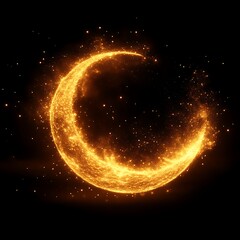 Fiery crescent moon, glowing embers, dark background