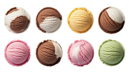 Top View of a Set of Different Ice Cream Scoops in Various Flavors, Isolated on White Background, Colorful Assortment of Frozen Treats