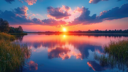 Serene sunset over a tranquil lake, reflecting vibrant colors and clouds