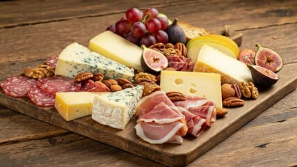 Beautifully arranged cheese and charcuterie platter with various fruits and nuts on wooden board.
