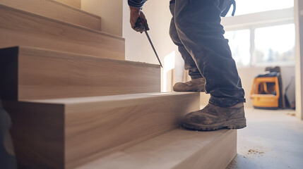 Construction Worker Installing Wooden Stairs