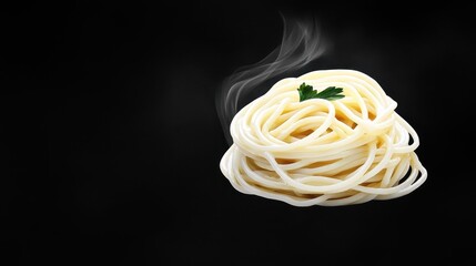 A steaming plate of spaghetti against a black background. The pasta is light yellow, and a sprig of parsley rests on top. The overall impression is one of warmth and simple deliciousness.