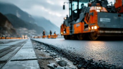 Road Construction in Progress with Heavy Machinery and Workers