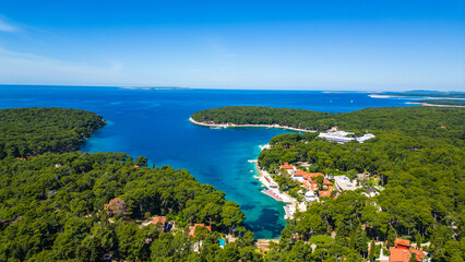 Aerial view of Boutique Hotel Alhambra and Hotel Bellevue in Čikat (Cikat) Bay, Mali Lošinj, Croatia. Surrounded by turquoise sea, pine forest, and elegant Adriatic architecture