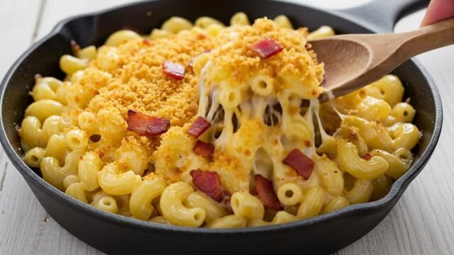 A cast iron skillet brimming with baked macaroni and cheese, topped with crispy bacon bits.