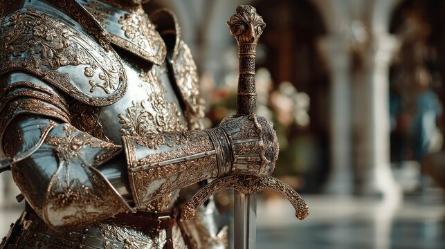 Intricate Medieval Knight in Armor Holding a Detailed Sword Perfect for Fantasy and Historical