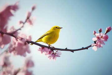 Yellow Warbler singing on spring blossom branch