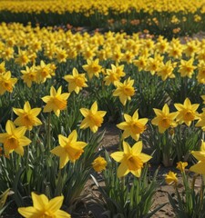 Sunlit field of vibrant yellow daffodils in full bloom, petals glistening ,  yellow,  landscape,  field