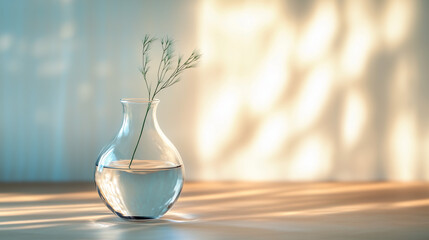 glass transparent vase with flower standing on ground with sunlight shining into the room