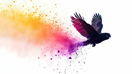 Vibrant avian transformation: owl in flight enveloped by spectral colorful powder