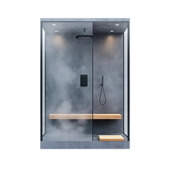 A modern, minimalist shower cabin, featuring a grey textured wall with a natural wooden seat and elements of mist, creates a serene, spa-like atmosphere for relaxation.