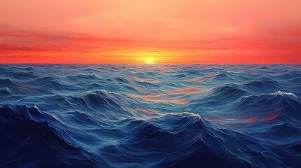 Obraz premium Serene sunset over tranquil ocean waves, reflecting vibrant colors in the sky