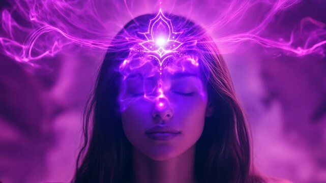 spiritual woman meditating with purple lotus flower on forehead. transcendence and connection to the universe. purple spiritual light enveloping whole face. divine feminine energy. purple background