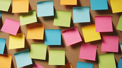 Creative Chaos on Colorful Bulletin Board &ndash; Multicolored Sticky Notes in Random Arrangement Spark Modern Ideas, Brainstorming Concepts, and Office Innovation in Artistic Workspace Display