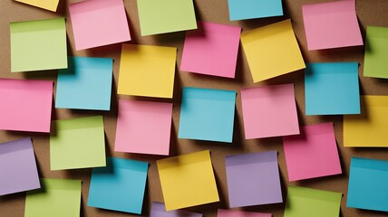 Creative Chaos on Colorful Bulletin Board &ndash; Multicolored Sticky Notes in Random Arrangement Spark Modern Ideas, Brainstorming Concepts, and Office Innovation in Artistic Workspace Display