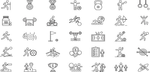 Athletic Sports Line Editable Icons set. Vector illustration in modern thin line style of summer sports activities related icons: gym exercises, football, swimming, gymnastics, and more.
