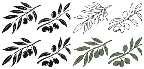 Fototapeta premium Set of olive branch illustrations in various artistic styles