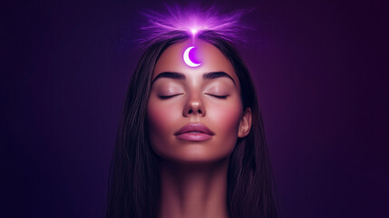 Fototapeta premium spiritual woman connecting to the universe seventh chakra crown chakra. divine feminine energy. moon sign on forehead. clean purple background
