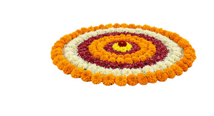 Flower Rangoli for Diwali or Pongal Festival made using Marigold or Zendu flowers and Rose petals isolated on transparent background, selective focus , PNG 
