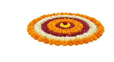 Flower Rangoli for Diwali or Pongal Festival made using Marigold or Zendu flowers and Rose petals isolated on transparent background, selective focus , PNG 

