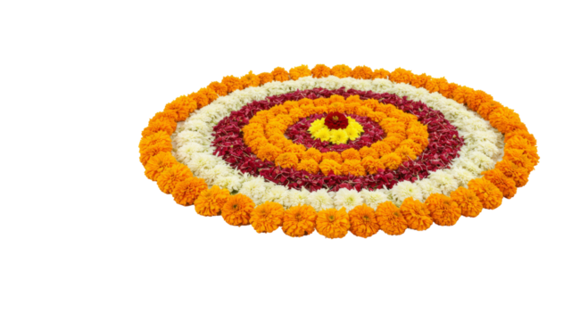 Flower Rangoli for Diwali or Pongal Festival made using Marigold or Zendu flowers and Rose petals isolated on transparent background, selective focus , PNG 
