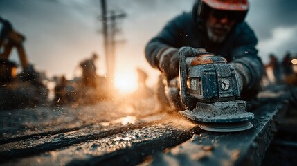 Industrial Worker Using Angle Grinder at Sunset Safety Gear Sparks Flying Construction Site