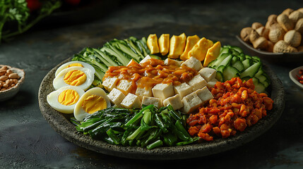 A vibrant Indonesian Gado-Gado salad with tofu, eggs, vegetables, peanut sauce, and crackers on a textured plate.