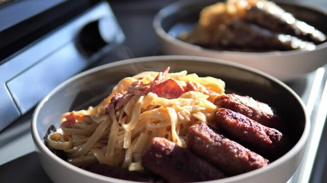 Hearty pasta swirling with crispy bacon studded sausages, steaming and glistening in ceramic bowl, embodying rich italian culinary comfort