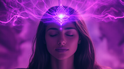 beautiful spiritual woman with purple light lotus flower on her forehead. connecting with seventh chakra crown chakra to the universe with purple stream of consciousness. divine feminine energy.