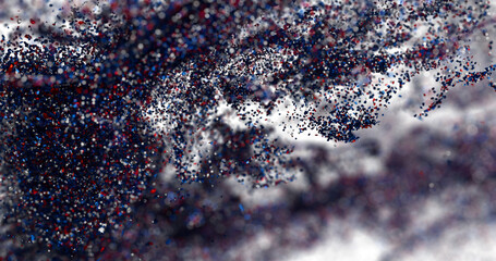 High resolution digital art of a vibrant red, blue, and white particle explosion. Perfect for tech,...