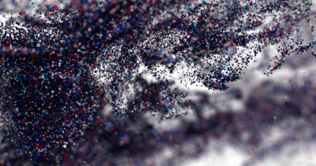 High resolution digital art of a vibrant red, blue, and white particle explosion. Perfect for tech, science, or