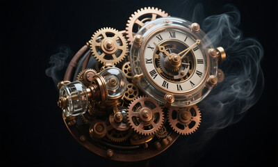 Smoking Steampunk Clockwork An Elaborate Arrangement of Gears and Pipes with a Glass-Faced Time Display