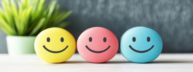 Colorful Smiley Cubes for Customer Satisfaction Concept &ndash; Marketing and Feedback Banner with Copy Space
