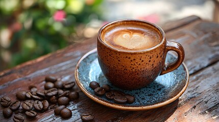 Warm cup of coffee on rustic table with scattered beans and blurred greenery