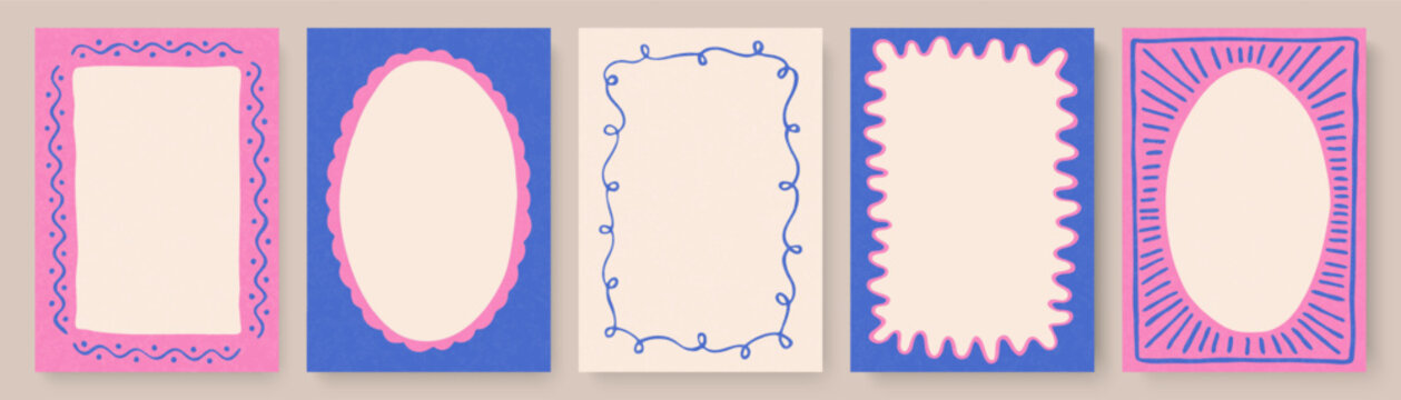 Set of hand-drawn blank frames with abstract doodle borders in pink and blue. Decorative design elements for cards,covers, notes, invitations, or scrapbooking. Vector illustration