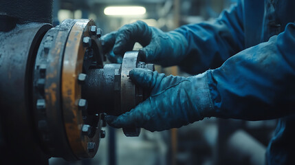 Worker in Gloves Adjusting Industrial Machinery