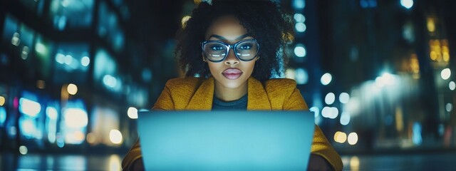 Confident Black Woman Working on Laptop at Desk with Copy Space &ndash; Online Business, Technology, Diversity and Marketing Banner Concept