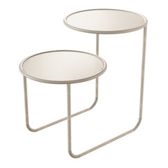 A table with two round tops and a long silver frame