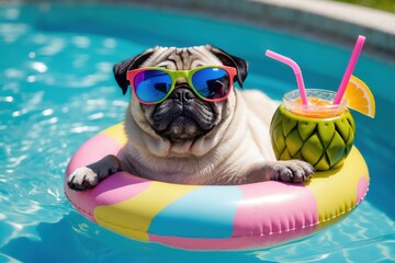 Pug enjoying a summer day by the pool with sunglasses and a refreshing drink