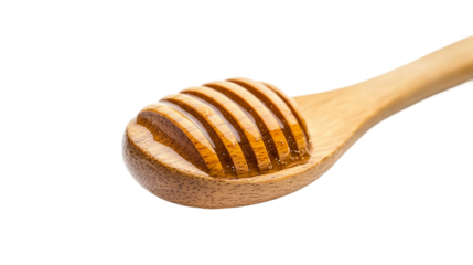 A close-up shot of a wooden honey dipper, fully loaded with golden honey, resting against a matching wooden spoon, a harmonious composition that captures the pure essence of natural sweetness.