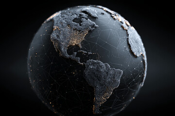 Stylized dark globe with illuminated network, showcasing global connectivity and digital communication, ideal for technology or business concepts