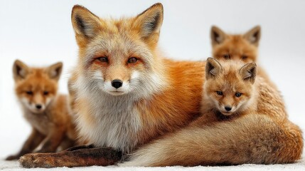 Obraz premium A family of foxes resting together in a serene setting showcasing the bond between parent and